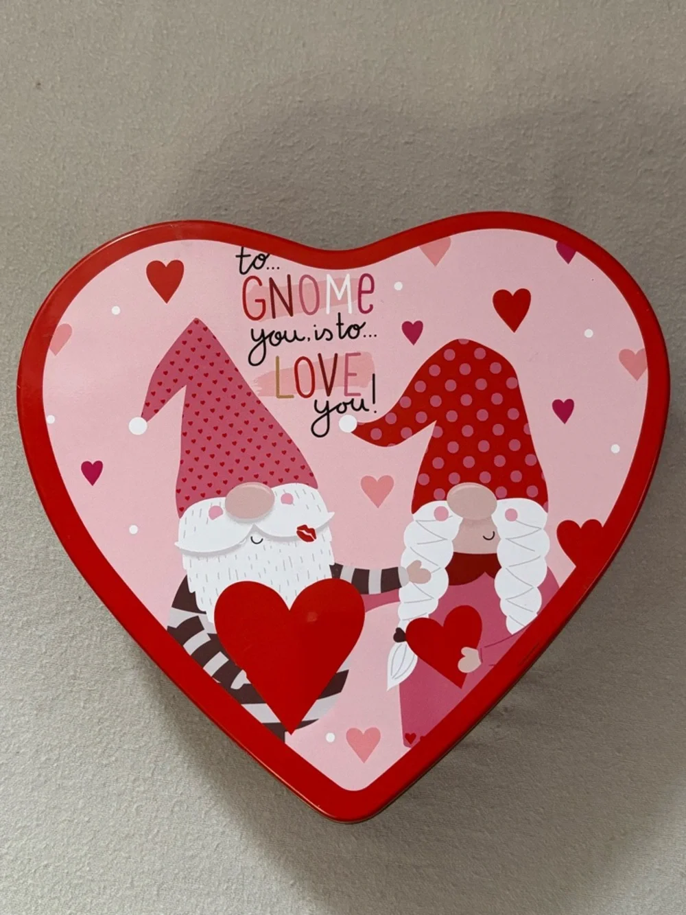 Heart-Shaped Gnome Storage Tin in Pink & Red 